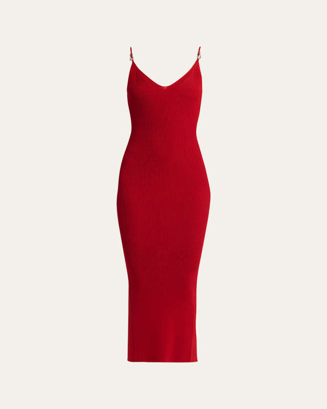 Safety-Pin Straps Rib Knit Midi Dress
